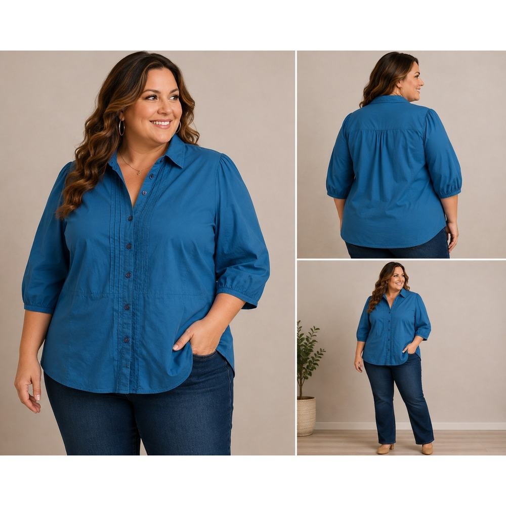 White Stag Plus Size 3X Rally Blue Textured Button Front Blouse with Tie Belt